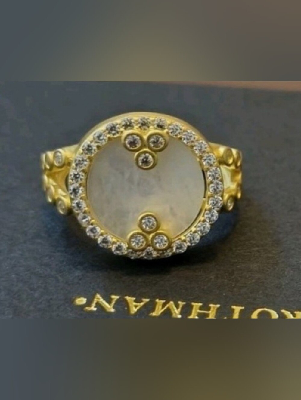 Freida Rothman Mother of Pearl Cocktail Ring Sterling silver gold plated w/pave